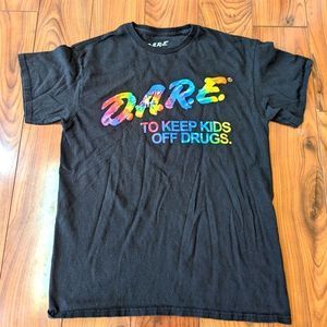 Dare Tie Dye T-shirt Size Medium Black Rainbow Spellout Y2K 100% Cotton
